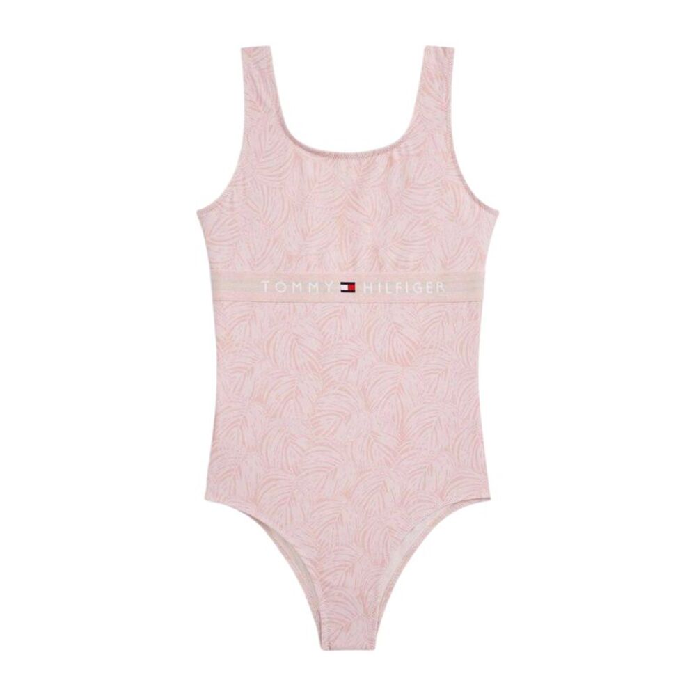 Tommy Hilfiger Girls Leaf Print One Piece Bathing Suit / Palm Pink